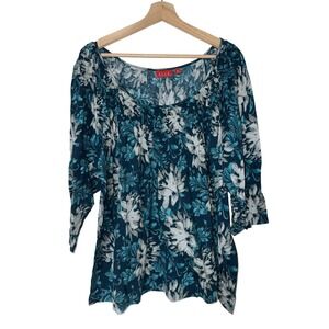 ELLE Womens 3X Top Shirt Blue, White, Turquoise, Flowers, Floral 3/4 Sleeve NWOT